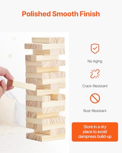 VEVOR Tumbling Timber Toy, 54 Blocks, Pine Wood Tumbling Tower Game with Storage Crate, Tumble Tower Blocks, Multiple Ways to Play Wooden Stacking Game for Indoor and Outdoor Family Gatherings
