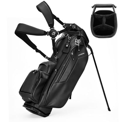 Luxury Faux Leather Golf Stand Bag, 4-Way Full-Length Divider Golf Bag with Carbon Fiber Stand, Cooler Pocket, Ergonomic Straps, Magnetic Pocket, Golf Club Bag with Rain Hood for Men/Women - color: Black