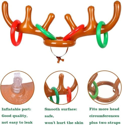 4 Pack Inflatable Reindeer Antler Ring Toss Game, Reindeer Ring Toss Game for Christmas Party, Family, Christmas Decoration, Xmas Fun Amusements (4 Antlers 16 Rings 1 Pump)