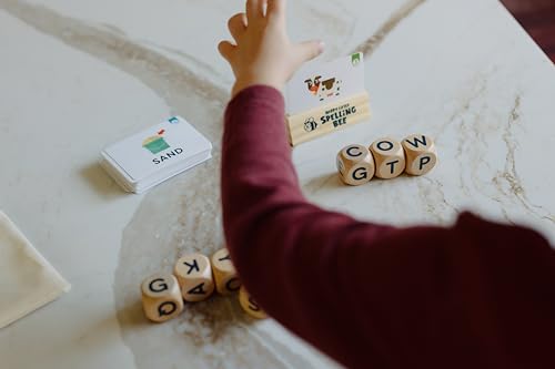Chuckle & Roar Happy Little Spelling Bee Dice Game for Kids Ages 3-7+ – Educational Word & Letter Learning Game with 100 First Words, 10 Wooden Letter Dice, 5 Grow-With-Me Spelling Games & Storage Bag