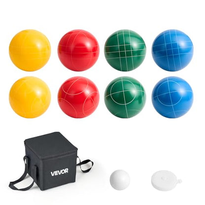 VEVOR Bocce Ball Set, 107 mm, with 8 Resin Balls, Pallino, Carrying Bag and Measuring Rope, Red/Green/Blue/Yellow 4 Colors, for 2 to 8 Players, Bocce Ball Game Set for Beach, Lawn, Family Backyard