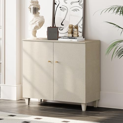 WAMPAT Buffet Cabinet with 2 Doors, 35.4" Credenza Storage Cabinet, Beige | Modern Small Kitchen Wooden Sideboard with 3 Compartments & Solid Wood Legs for Dining Room, Living room, Hallway, Entryway - color: Beige, size: 35.4" W