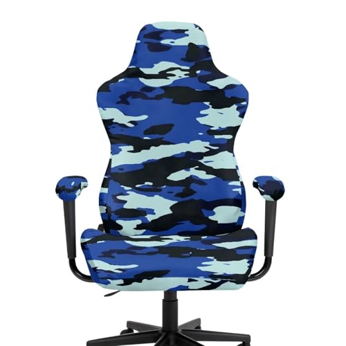 Blue Camo Gaming Chair Cover Cat Scratch Proof Non Slip Stretchable Gaming Chair Covers Slipcovers Attached Arms Breathable Washable Swivel Armchair Slipcovers of Computer Video Game Office - color: Blue Camo