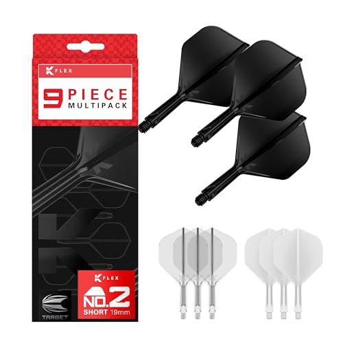 Target Darts K-Flex Integrated Dart Flights and Shafts, Kflex 9 Pack Bundle, Multipack - K Flex 3 Colours | Black, White, Clear, Red, Green, Blue, Pink, Orange, Yellow | Short, Intermediate, Medium - color: Black, White & Clear, size: Short Stem (19mm)