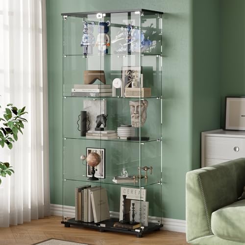 Glass Display Cabinet with 5-Shelf Double Doors and Lock, 5mm Tempered Glass Floor Standing Bookshelf for Living Room, Bedroom, Office, 72 x 32 x 14 in, Black - size: 72 x 32 x 14 in -5-Tier