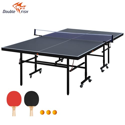 GOWE Double Fish 9 Ft MidSize Table Tennis Table Foldable and Portable Ping Pong Table Set for Indoor Games with Net 2 Table Tennis Paddles and 3 Balls