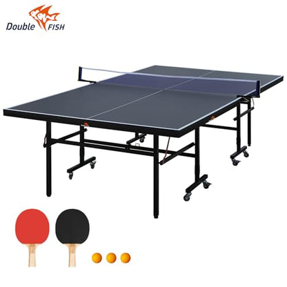 GOWE Double Fish 9 Ft MidSize Table Tennis Table Foldable and Portable Ping Pong Table Set for Indoor Games with Net 2 Table Tennis Paddles and 3 Balls
