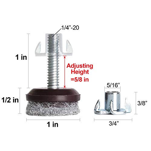 Anwenk Furniture Levelers Adjustable Furniture Feet Leveling Table Chair Levelers T-Nut Leg Levelers with High-Density Felt, 1/4-20x1 Threaded Shank T-Nuts,24 Pack (Furniture Levelers 24P) - color: Furniture Levelers 24pack-with T-nuts