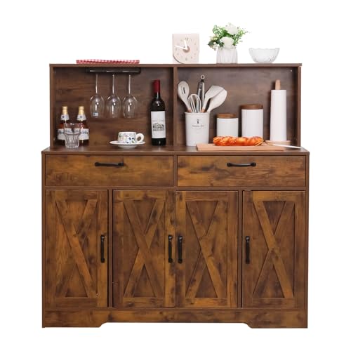 Sideboard Buffet Cabinet with Storage, 47'' Farmhouse Coffee Bar Cabinet, Kitchen Pantry Storage Cabinet with Doors and Shelves for Dining Room, Living Room, Kitchen, Brown - color: Brown, style: Bar Cabinet
