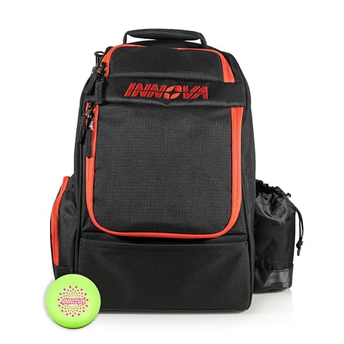 Innova Adventure Pack Disc Golf Backpack – Holds 25 Discs – Includes Mini, Disc Golf Bag - color: Black/Scarlet