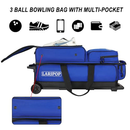 LARIPOP 3 Ball Bowling Bag with Wheels and Shoe Compartment, Rolling Bowling Bag for 3 Balls, Heavy Duty Bowling Roller Bag with Retractable Handle for Men Women - color: Blue