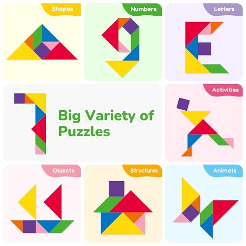 BenBen Travel Tangram Puzzle with 2 Sets Magnetic Wooden Shapes for Kids | Extra Large Dual-Sided Magnet Surface, Color Pattern IQ Book, Road Trip Car Plane Game, Educational STEM Toys for Kids Adults - style: 14 Pieces Blocks