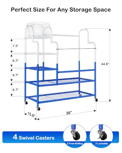 Golf Bag Storage Garage Organizer for 2 Bags, Golf Storage Rack with Wheels | 50% More Space Multi-Zone,All-In-One 5tier Compact,Extra Bottom Storage,4 360° Casters,Movable Basket,Small Garage,Heavy-Duty - size: 2 Golf Bag Rack丨36"(L)x15.8(W)"x44.6"(H)