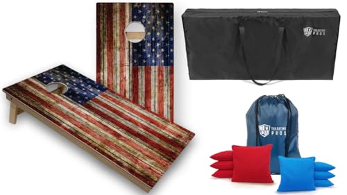 Tournament Grade Tailgating Pros American Flag Wooden Plank Design Cornhole Board Set w/Bean Bags and Carrying Case - 4'x2' Corn Hole Toss Game w/Built in Lights - color: Red / Turquoise