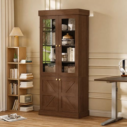 Vyre 71" Tall Farmhouse Bookshelves with Glass Doors and Drawers, Set of 2 – Large Modular Bookcase with Adjustable Shelves, Storage Cabinet for Living Room, Kitchen, Dark Brown - color: Dark Brown
