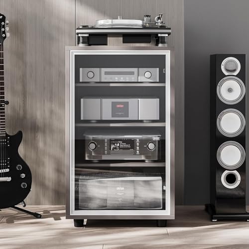 Media Storage Cabinet with Tempered Glass Door, 3 Adjustable Shelves Stereo Cabinet with Cable Management, AV Rack for Living Room/Gaming Setup/Home Studio Audio Rack (Grey)