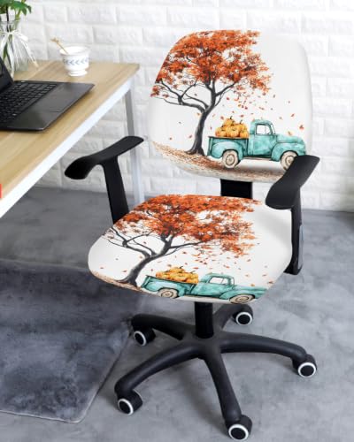 Savannan Office Chair Cover, Fall Maple Leaf Tree Teal Farm Truck Protective Stretch Elastic Universal Cover for Desk Task Chair,Computer Rotating Chair 1 Pcs Thanksgiving Pumpkin