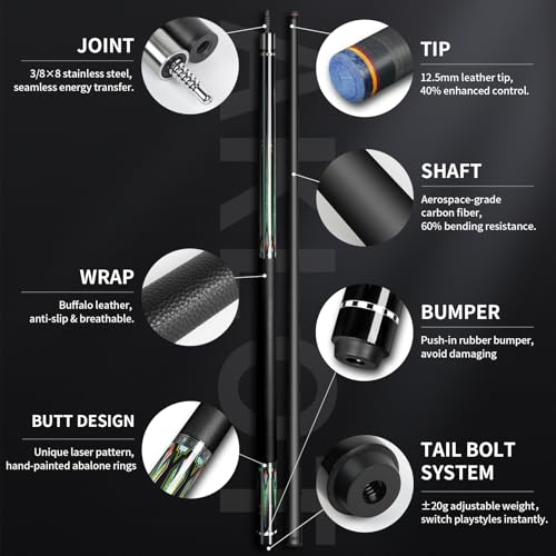 AKLOT Carbon Fiber Pool Cue Stick 58", Billiard Cue Sticks 19-19.5oz, Low Deflection Billiard Stick with 12.5mm Tip, Professional Carbon Fiber Pool Sticks for Adults - color: Green
