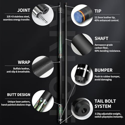 AKLOT Carbon Fiber Pool Cue Stick 58", Billiard Cue Sticks 19-19.5oz, Low Deflection Billiard Stick with 12.5mm Tip, Professional Carbon Fiber Pool Sticks for Adults - color: Green