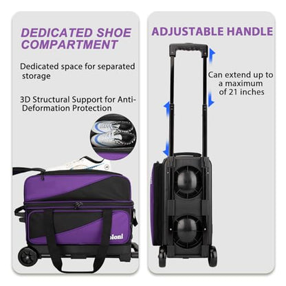 Goloni 3 Ball Bowling Bag with Wheels, 2+1 Double Roller Bowling Bag with Shoe Compartment,Tote Bag for Bowling Accessories - color: 3 Ball-Purple