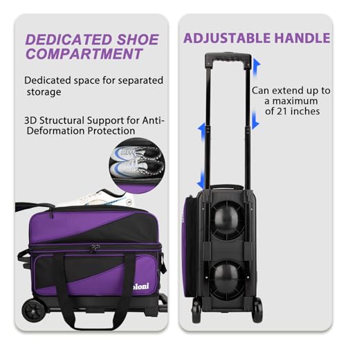 Goloni 3 Ball Bowling Bag with Wheels, 2+1 Double Roller Bowling Bag with Shoe Compartment,Tote Bag for Bowling Accessories - color: 3 Ball-Purple