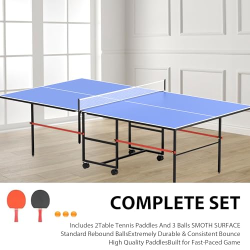 8FT Table Tennis Table with Net, Indoor/Outdoor Professional Ping Pong Table for Kids Adults, Folding Ping Pong Table, Complete Set with Paddles and Balls, School Playground Game Table - color: New Blue