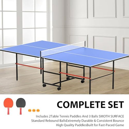 8FT Table Tennis Table with Net, Indoor/Outdoor Professional Ping Pong Table for Kids Adults, Folding Ping Pong Table, Complete Set with Paddles and Balls, School Playground Game Table - color: New Blue