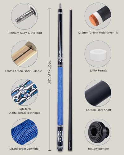 KONLLEN Carbon Fiber Pool Cue 2.0, 58-inch Low Deflection Billiard Stick for Adults with 12.5mm Tip and Pro Taper - color: 005 AK-04F 2.0 set-blue