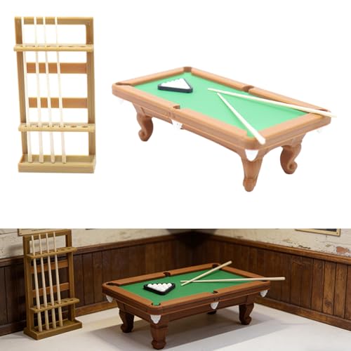 Mini Pool Table Toy for Kids 3+, 1:12 Scale Billiards Set, Cues & Balls, Hand Eye Coordination