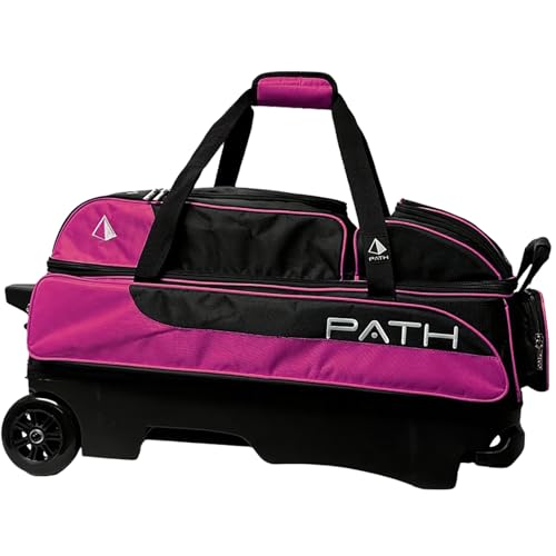 Pyramid Path Triple Premium Deluxe Roller Bowling Bag With Extra Large Separate Shoe Compartment (Up To US Mens Size 16) and 5 Accessory Pockets, 5" Wheels, Retractable Locking Handle - Extends to 42" - color: Black/Hot Pink