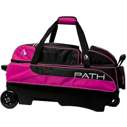 Pyramid Path Triple Premium Deluxe Roller Bowling Bag With Extra Large Separate Shoe Compartment (Up To US Mens Size 16) and 5 Accessory Pockets, 5" Wheels, Retractable Locking Handle - Extends to 42" - color: Black/Hot Pink