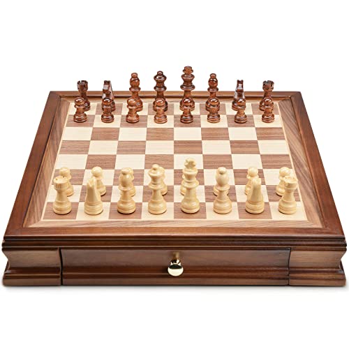 AMEROUS 12.8" x 12.8" Magnetic Wooden Chess Set with 2 Built-in Storage Drawers - 2 Bonus Extra Queens - Gift Packaging - Staunton Chess Pieces, Board Games Chess Sets for Adults and Kids