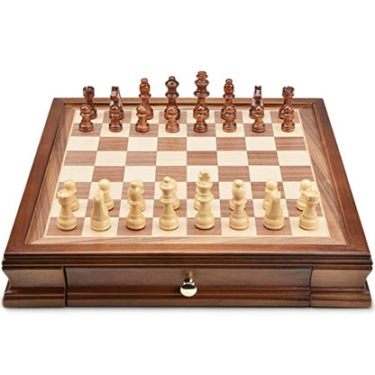 AMEROUS 12.8" x 12.8" Magnetic Wooden Chess Set with 2 Built-in Storage Drawers - 2 Bonus Extra Queens - Gift Packaging - Staunton Chess Pieces, Board Games Chess Sets for Adults and Kids