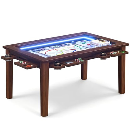Haddockway Board Game Table with Adjustable Led Lights, 53.7in x 30.7in Play Area Removable Table Top Dining/Gaming Table with Charge Station, Play Mat, 6 Cup Holders & Trays (Black Walnut) - color: Blackwalnut With Led Light