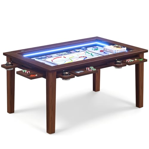 Haddockway Board Game Table with Adjustable Led Lights, 53.7in x 30.7in Play Area Removable Table Top Dining/Gaming Table with Charge Station, Play Mat, 6 Cup Holders & Trays (Black Walnut) - color: Blackwalnut With Led Light