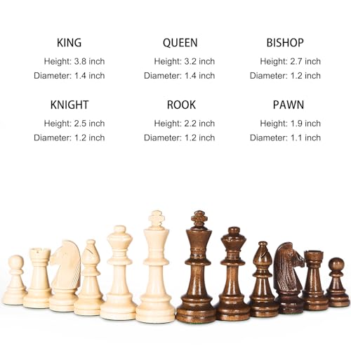 Vamslove Wooden Heavy Weighted Chess Pieces Only-3.8'' King-Extra 2 Queens-34 Wood Tournament Chessmen for Chess Set,Velvet Storage Bags Included