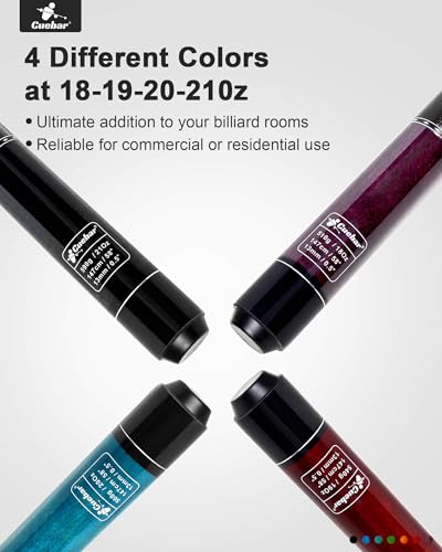 Set of 4 58" 2-Piece Pool Cue Sticks - 4 Distinct Colors, 18-21Oz | Weights 18,19,20,21 oz. Imitation leather grip. For adults/men/women, house bar/league play, or self-use/gift - color: Purple+Red+Teal+Black