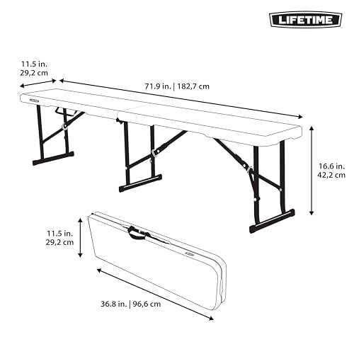 LIFETIME Portable Folding Bench, 6‑Foot Fold‑in‑Half, UV‑Resistant Seat, Powder‑Coated Steel Frame, Lightweight, Stain‑Resistant, Non‑Marring Foot Caps, Indoor/Outdoor Portable Seating