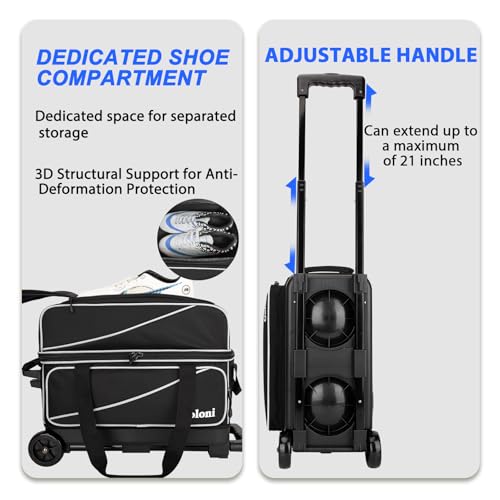 Goloni 3 Ball Bowling Bag with Wheels, 2+1 Double Roller Bowling Bag with Shoe Compartment,Tote Bag for Bowling Accessories - color: 3 Ball-Black