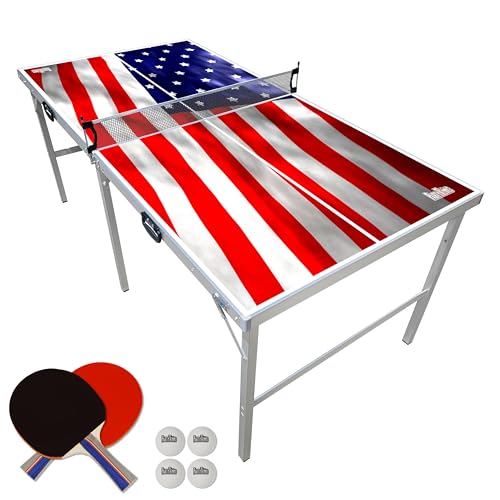 PartyLife 6 ft x 3 ft Ping Pong Table Tennis Table | Mid-Size Portable Folding Indoor Outdoor Foldable Ping Pong Table Tennis Table w/Optional LED Lights (Not a Full Size Table) - color: USA, size: 6ft x 3ft - Standard