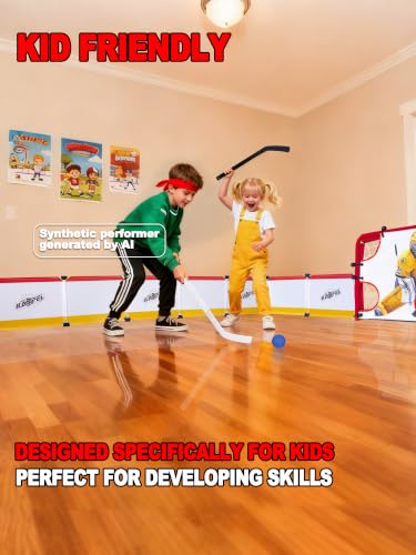 kasifei Mini Hockey Rink Set - Full Rink - Complete Indoor/Outdoor Sports Games with Steel Knee Goals, Sticks, and Ball - for Kids Ages 3 and Up
