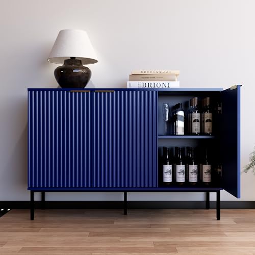 Fluted Sideboard, Buffet Cabinet with Storage, Wooden Accent Console Cabinet with Doors and Adjustable Shelves, for Living Room, Dining Room, Entryway, Hallway, 47.3" - color: Blue, size: 3 doors