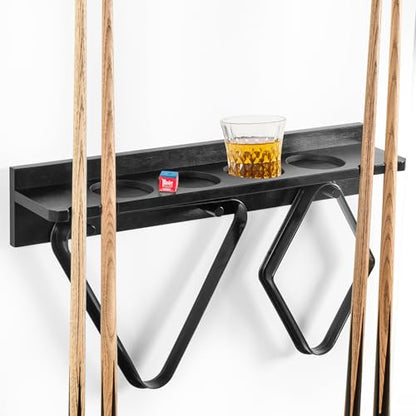 Pool Stick Holder Wall Mount - 4 Pool Cue Rack with Accessories Shelf and 4 Drink Holders - Bamboo Billiard Cue Rack for Game Room or Bar - Black - 5.1 x 23.2 x 4.3 Inches