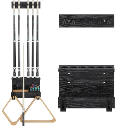 Wall Mount Pool Cue Holder – Hardwood Billiards Cue Rack for 6 Sticks, Pool Stick Wall Mount Storage Organizer, Pool Table Accessories for Wall, Cue Holder Wall Mount for Game Room Décor, Black - color: Black