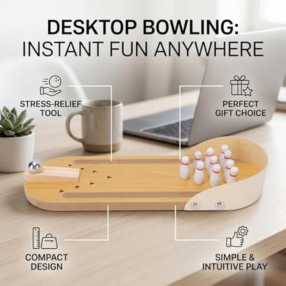 EVGATSAUTO Tabletop Mini Bowling Game Set Wooden Desktop Bowling Alley 30 X 10cm with 10 Pins and Metal Ball Portable Desk Toy for Adults Teens Office Home