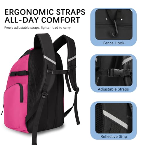 Goloni Baseball Bag, 60L Capacity Softball bag Holds 4 Bats for Youth & Adult, Baseball Bat Backpack with Shoes Compartment,Helmet Holder,Fence for Hook T-Ball, Softball Equipment, Baseball Gear - color: Pink