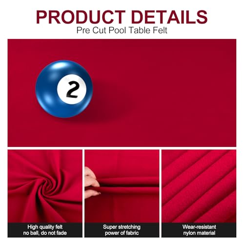 STRONGBERRY Pre-Cut Pool Table Felt Replacement Kit - 8ft Billiard Cloth w/Gloves, Strips & Tools, Felt for Pool Tables - color: RED