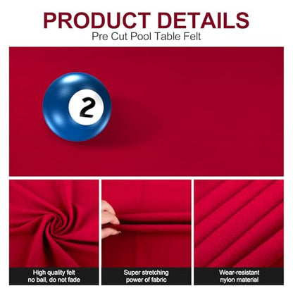 STRONGBERRY Pre-Cut Pool Table Felt Replacement Kit - 8ft Billiard Cloth w/Gloves, Strips & Tools, Felt for Pool Tables - color: RED
