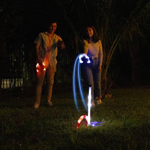 YARDCANDY After Dark Illuminated Horseshoes - Complete with 2 Weighted Blue LED Horseshoes, 2 Weighted Red LED Horseshoes and 2 LED Stakes. Perfect for Play Both Day or Night.