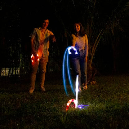 YARDCANDY After Dark Illuminated Horseshoes - Complete with 2 Weighted Blue LED Horseshoes, 2 Weighted Red LED Horseshoes and 2 LED Stakes. Perfect for Play Both Day or Night.